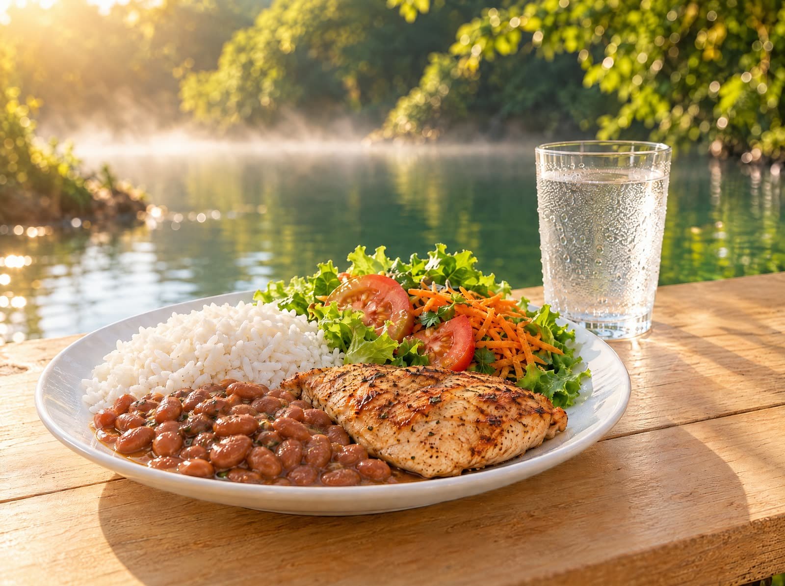 Prato caseiro com arroz, feijão, frango grelhado e salada, ao lado de um copo de água, numa mesa de madeira à beira da água.